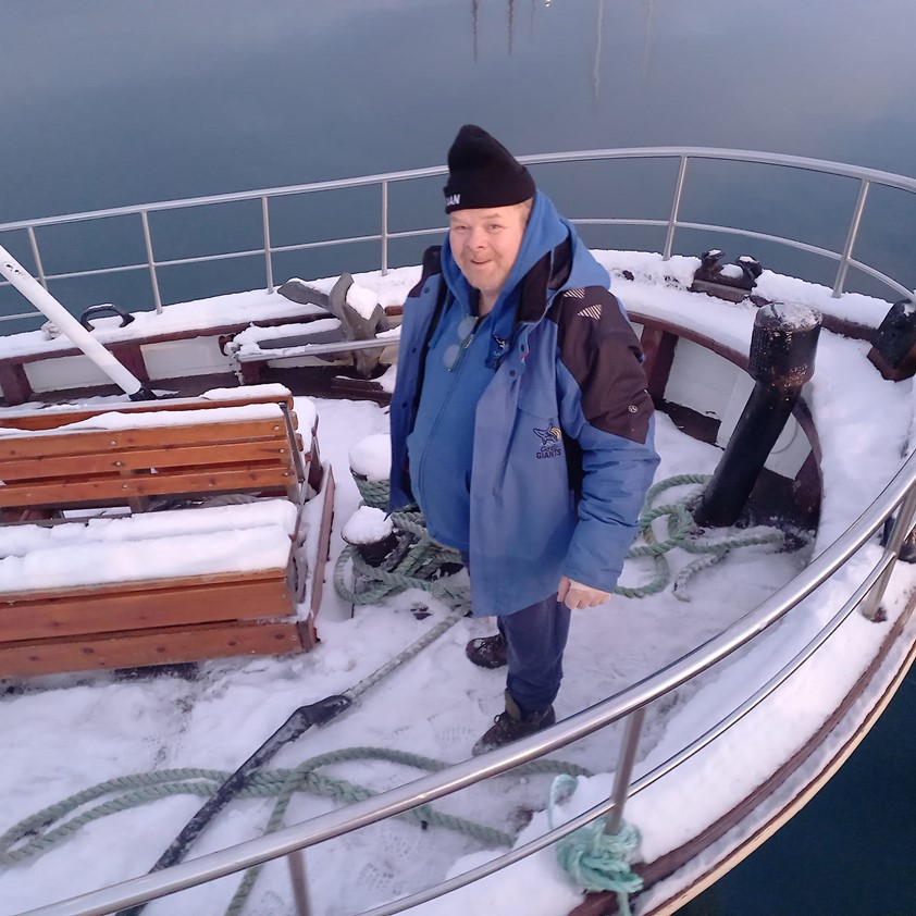 Whale watching oak boat Sylvia leaving Husavik harbour for maintenance journey