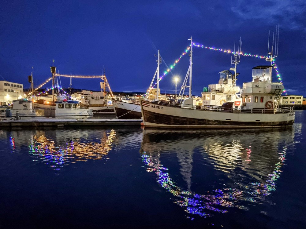 Christmas decorations on whale watching boats from Husavik