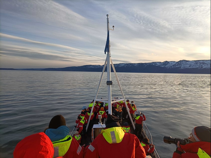 Searching for whales on board Sylvia, eco-friendly boat from Husavik, Iceland