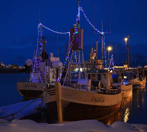 GG boats decorated with Christmas lights.