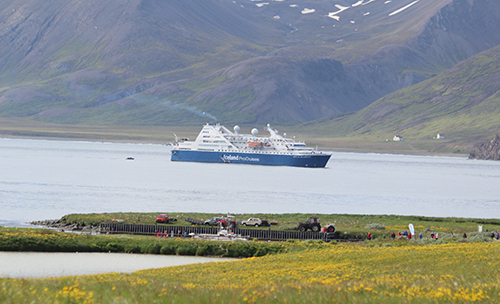 Cruise ship Ocean Diamond anchored close to Flatey Island.
