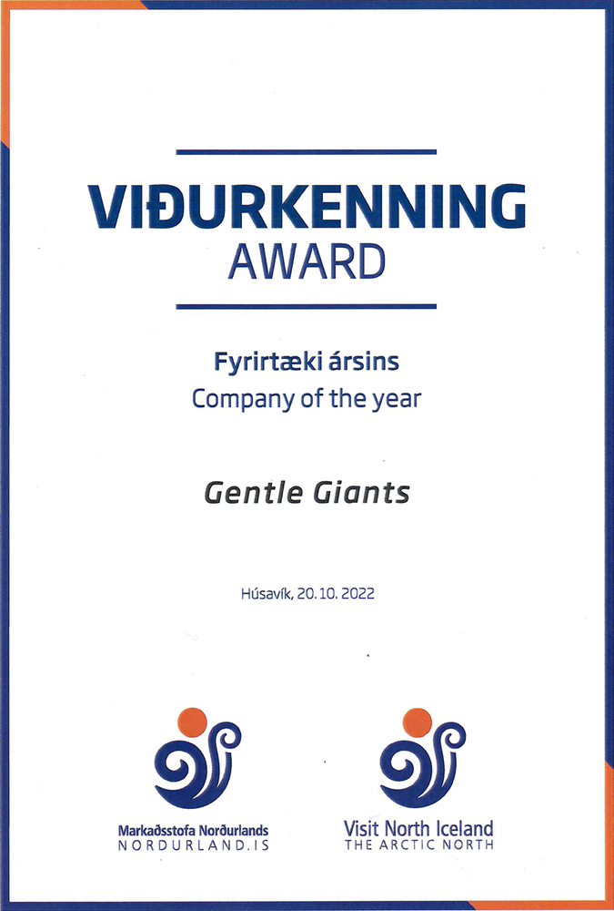 Company of the year Visit North Iceland Gentle Giants Whale Watching